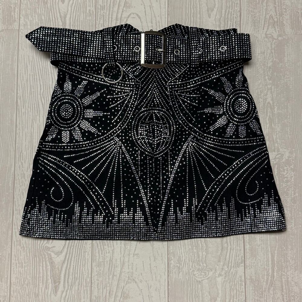Day G Black Silver Rhinestone Mini Skirt Festival Wear Stretch Zip Front Size S
